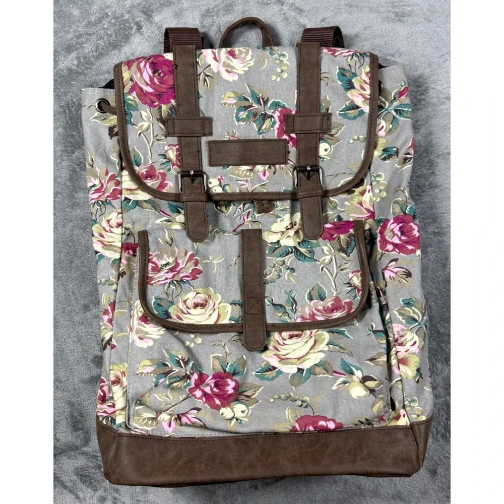 American Eagle Floral Canvas Drawstring Rucksack Backpack Gray Pink OS 169956
